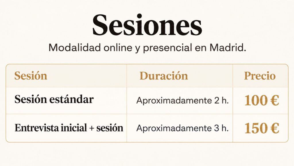 Sesiones de Terapia de Vidas Pasadas online y presenciales en Madrid, con duración y precios